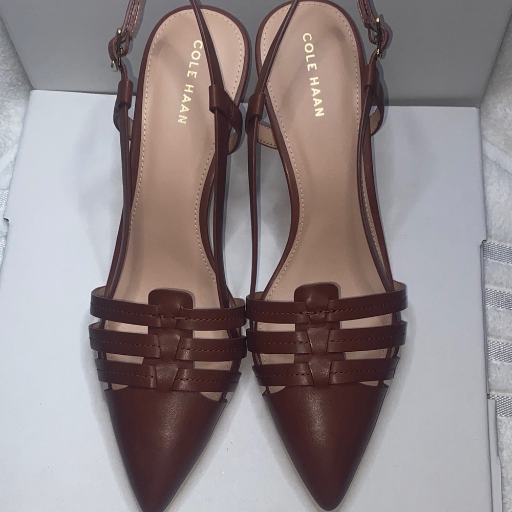 Cole Haan Brown Leather Pointed Toe Woven Slingback Heels